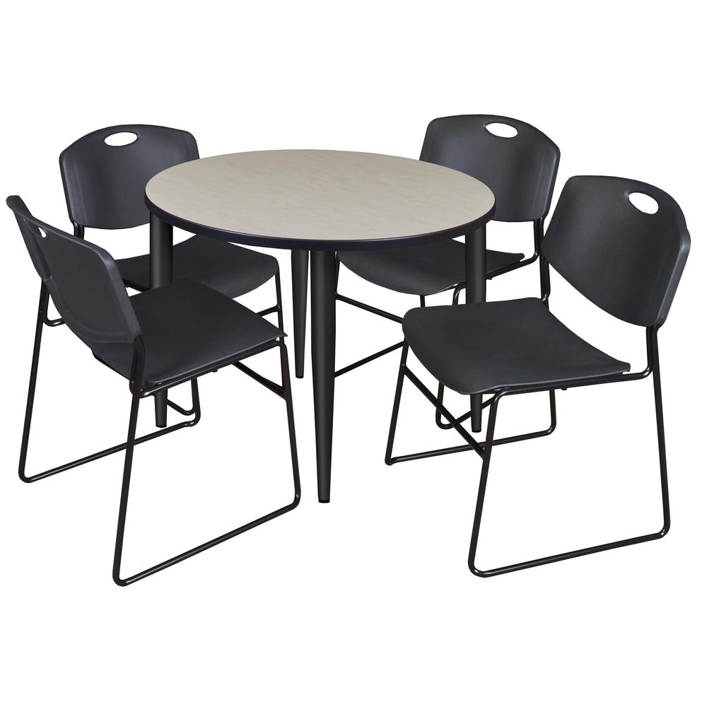Regency Kahlo 36 in. Round Breakroom Table- Maple Top, Black Base & 4 Zeng Stack Chairs- Black. Picture 1