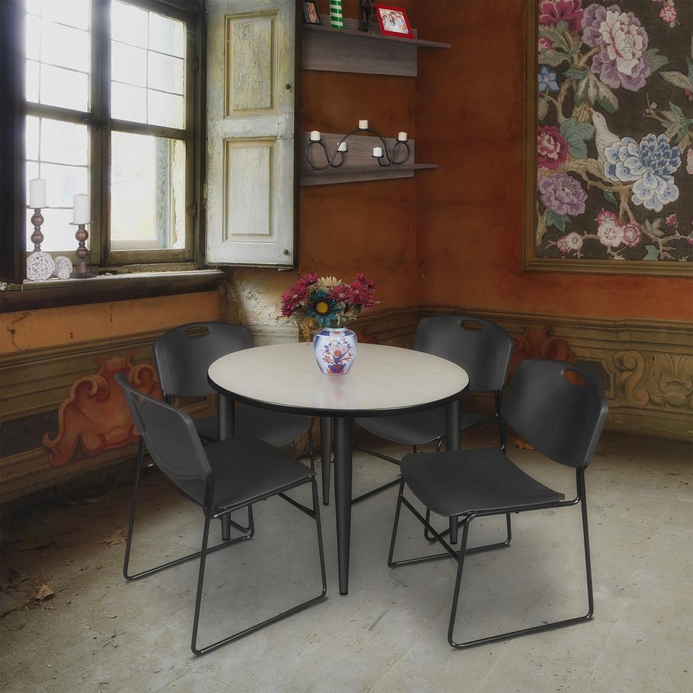 Regency Kahlo 36 in. Round Breakroom Table- Maple Top, Black Base & 4 Zeng Stack Chairs- Black. Picture 7