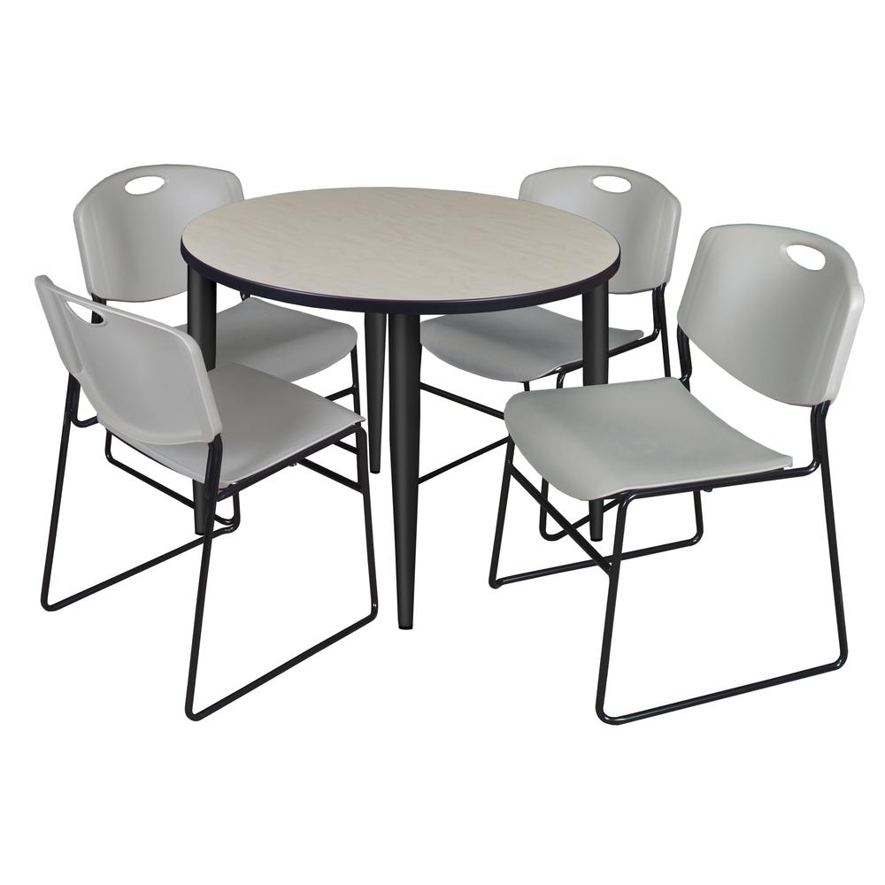 Regency Kahlo 36 in. Round Breakroom Table- Maple Top, Black Base & 4 Zeng Stack Chairs- Grey. Picture 1