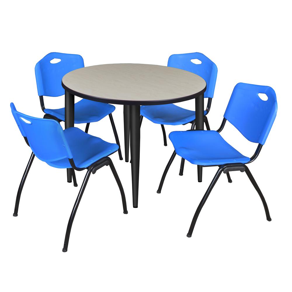 Regency Kahlo 36 in. Round Breakroom Table- Maple Top, Black Base & 4 M Stack Chairs- Blue. Picture 1