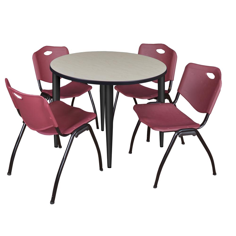 Regency Kahlo 36 in. Round Breakroom Table- Maple Top, Black Base & 4 M Stack Chairs- Burgundy. Picture 1