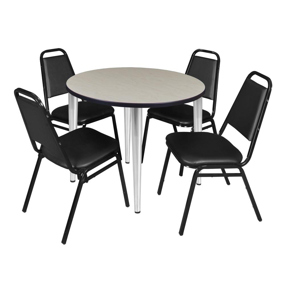 Regency Kahlo 36 in. Round Breakroom Table- Maple Top, Chrome Base & 4 Restaurant Stack Chairs- Black. Picture 1