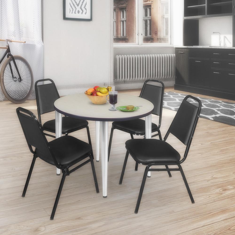 Regency Kahlo 36 in. Round Breakroom Table- Maple Top, Chrome Base & 4 Restaurant Stack Chairs- Black. Picture 7