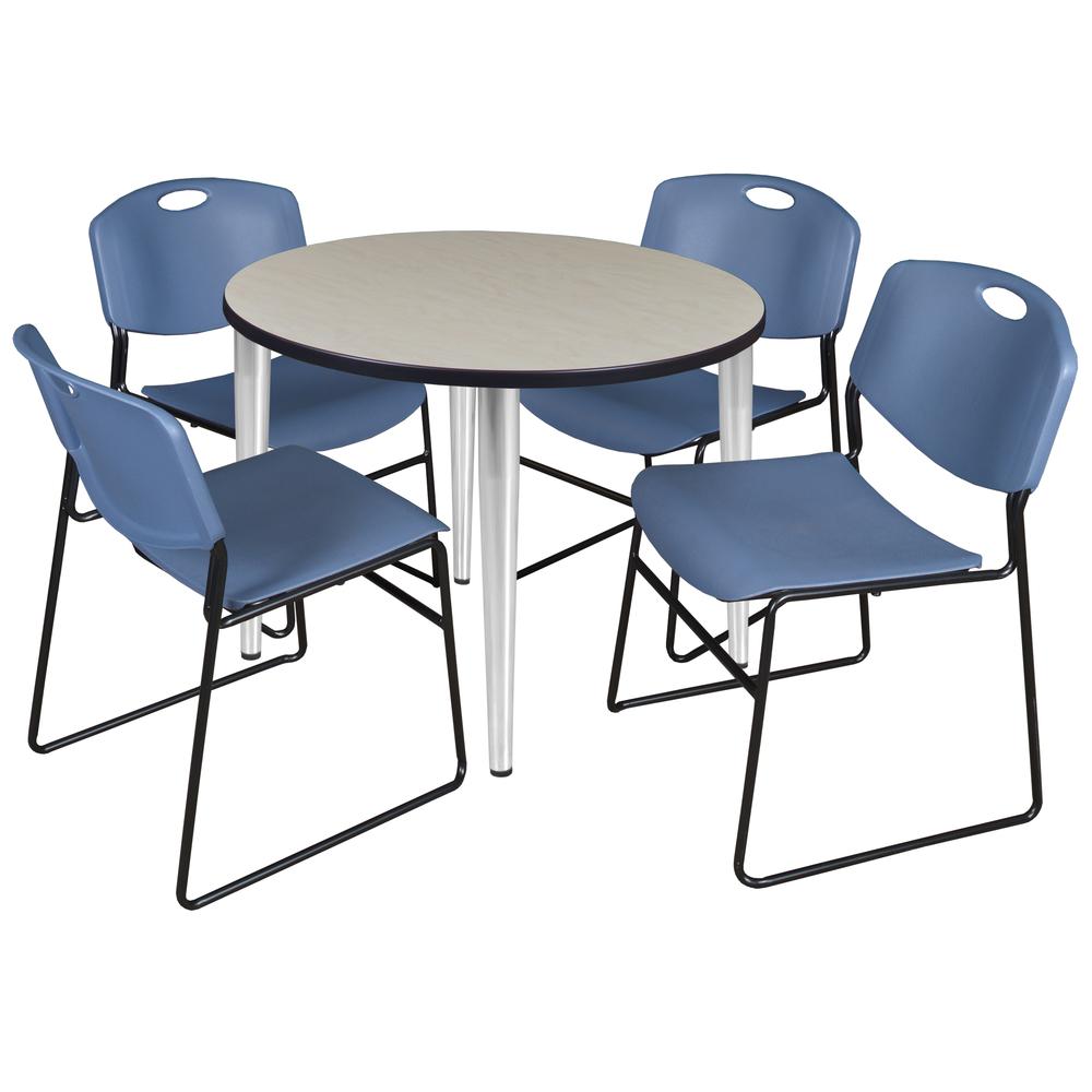 Regency Kahlo 36 in. Round Breakroom Table- Maple Top, Chrome Base & 4 Zeng Stack Chairs- Blue. Picture 1