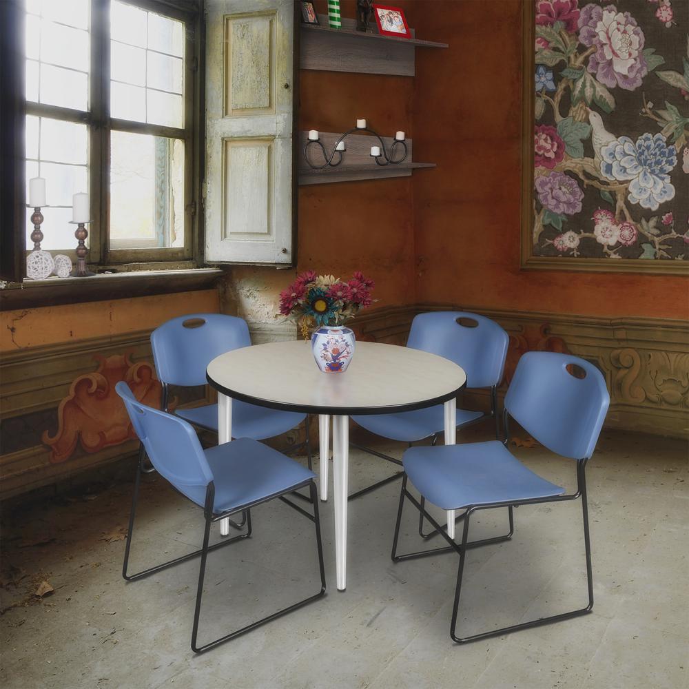 Regency Kahlo 36 in. Round Breakroom Table- Maple Top, Chrome Base & 4 Zeng Stack Chairs- Blue. Picture 7