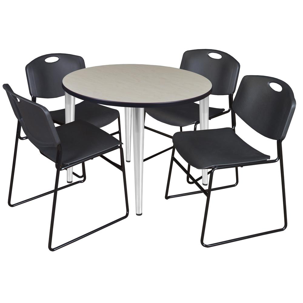 Regency Kahlo 36 in. Round Breakroom Table- Maple Top, Chrome Base & 4 Zeng Stack Chairs- Black. Picture 1