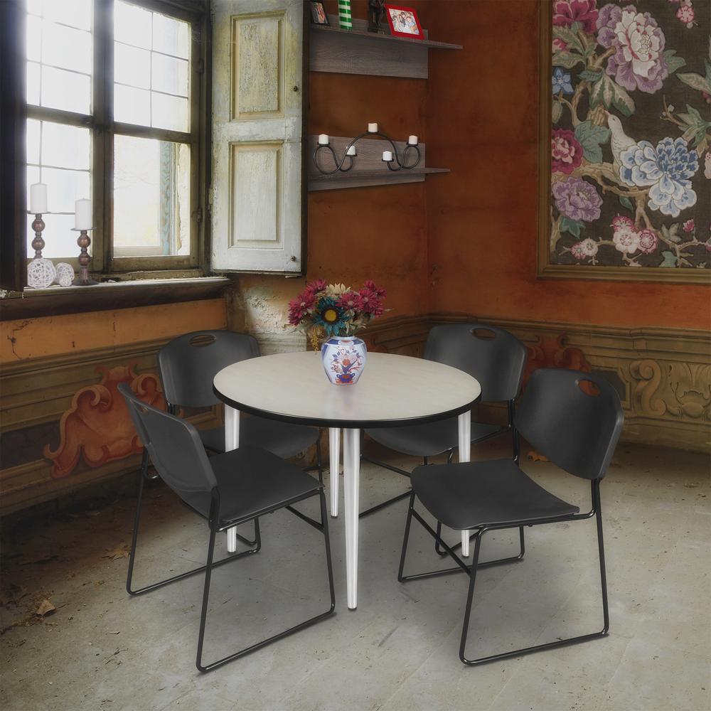 Regency Kahlo 36 in. Round Breakroom Table- Maple Top, Chrome Base & 4 Zeng Stack Chairs- Black. Picture 7