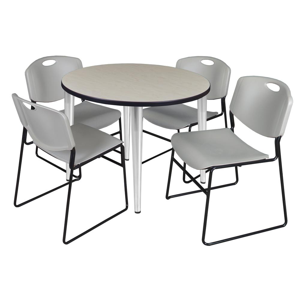 Regency Kahlo 36 in. Round Breakroom Table- Maple Top, Chrome Base & 4 Zeng Stack Chairs- Grey. Picture 1
