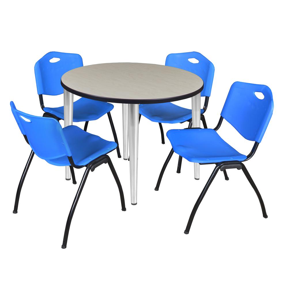 Regency Kahlo 36 in. Round Breakroom Table- Maple Top, Chrome Base & 4 M Stack Chairs- Blue. Picture 1