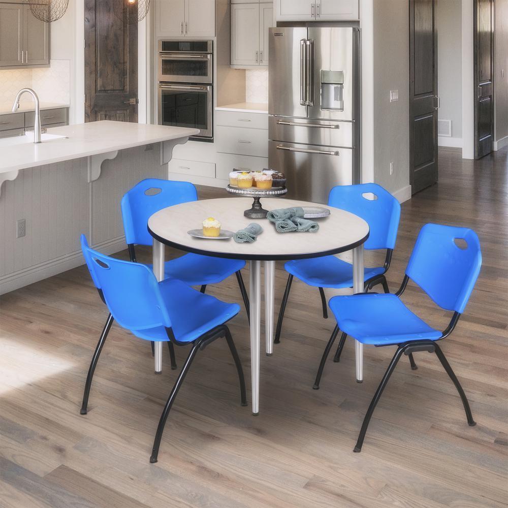Regency Kahlo 36 in. Round Breakroom Table- Maple Top, Chrome Base & 4 M Stack Chairs- Blue. Picture 7