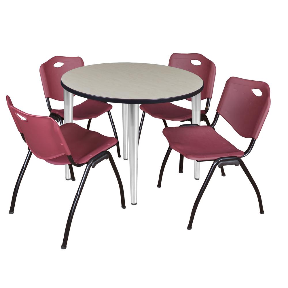 Regency Kahlo 36 in. Round Breakroom Table- Maple Top, Chrome Base & 4 M Stack Chairs- Burgundy. Picture 1