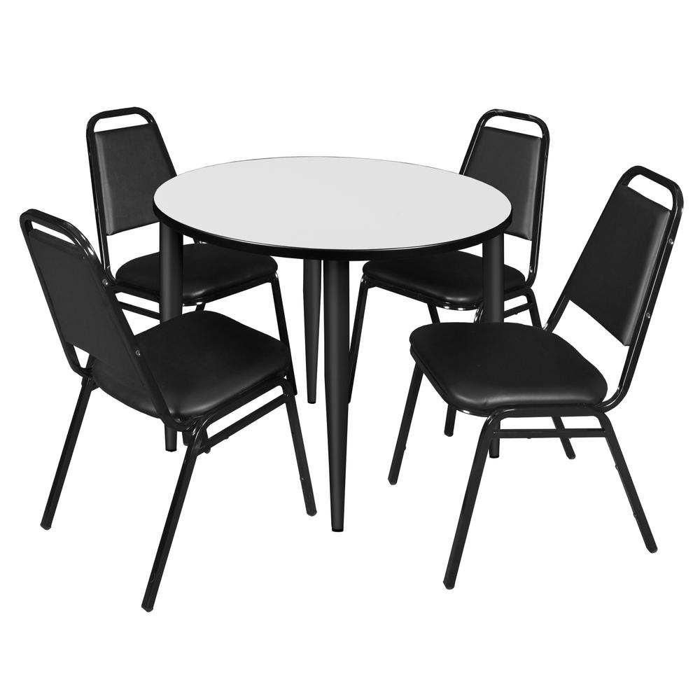 Regency Kahlo 36 in. Round Breakroom Table- White, Black Base & 4 Restaurant Stack Chairs- Black. Picture 1