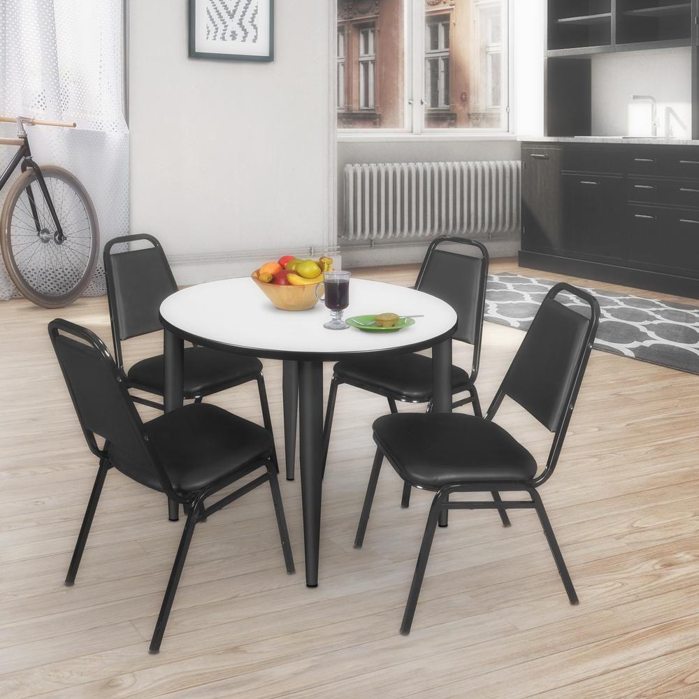 Regency Kahlo 36 in. Round Breakroom Table- White, Black Base & 4 Restaurant Stack Chairs- Black. Picture 7