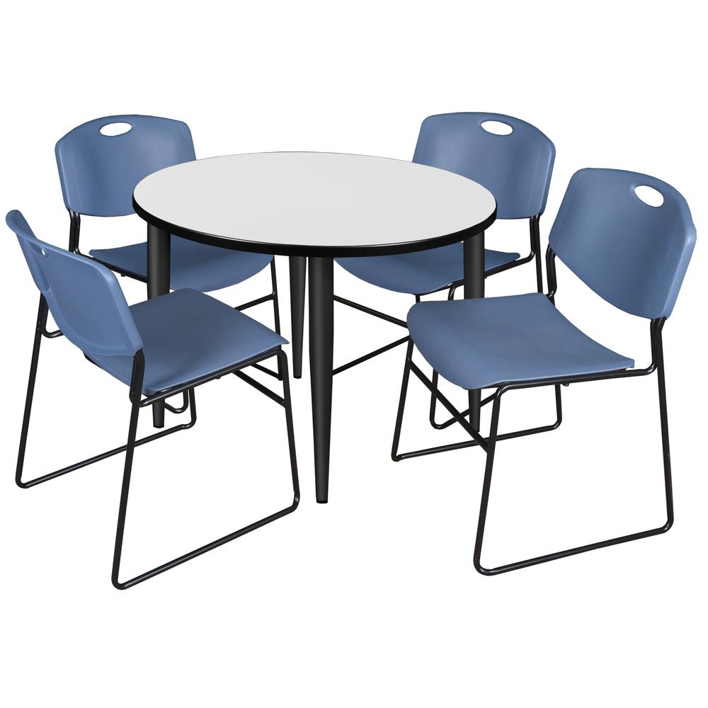 Regency Kahlo 36 in. Round Breakroom Table- White, Black Base & 4 Zeng Stack Chairs- Blue. Picture 1