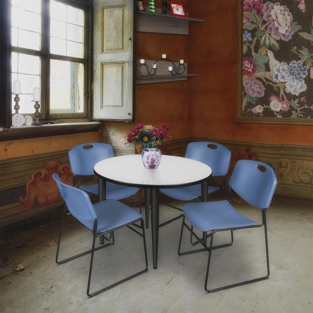 Regency Kahlo 36 in. Round Breakroom Table- White, Black Base & 4 Zeng Stack Chairs- Blue. Picture 7