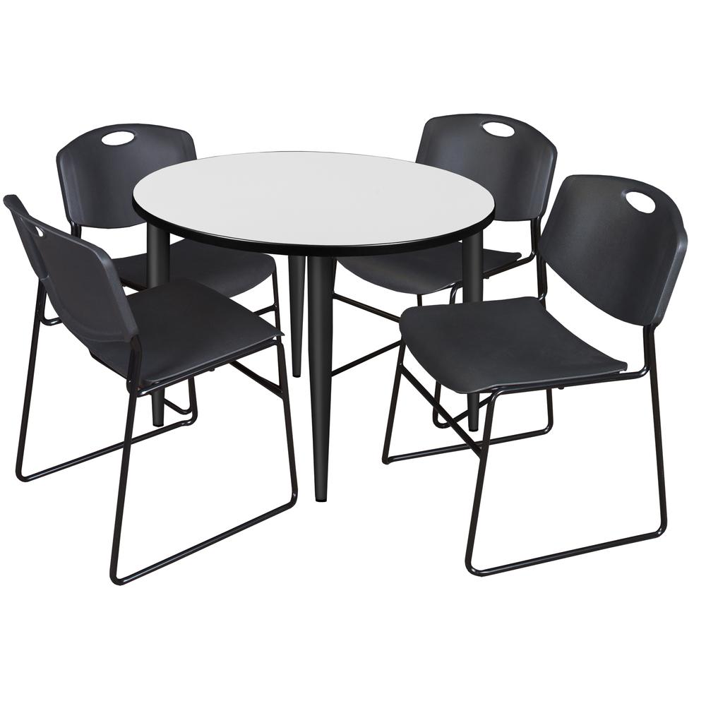 Regency Kahlo 36 in. Round Breakroom Table- White, Black Base & 4 Zeng Stack Chairs- Black. Picture 1