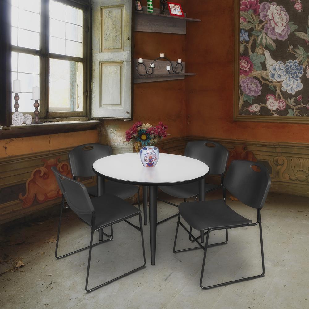 Regency Kahlo 36 in. Round Breakroom Table- White, Black Base & 4 Zeng Stack Chairs- Black. Picture 7