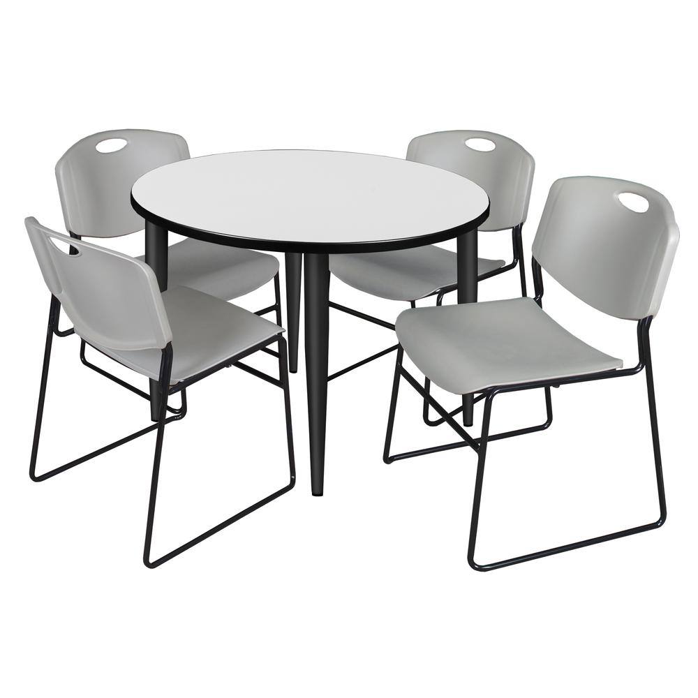 Regency Kahlo 36 in. Round Breakroom Table- White, Black Base & 4 Zeng Stack Chairs- Grey. Picture 1