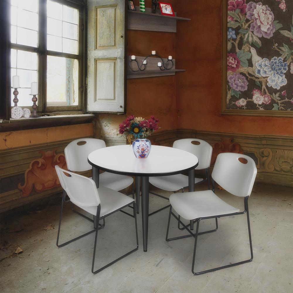 Regency Kahlo 36 in. Round Breakroom Table- White, Black Base & 4 Zeng Stack Chairs- Grey. Picture 7