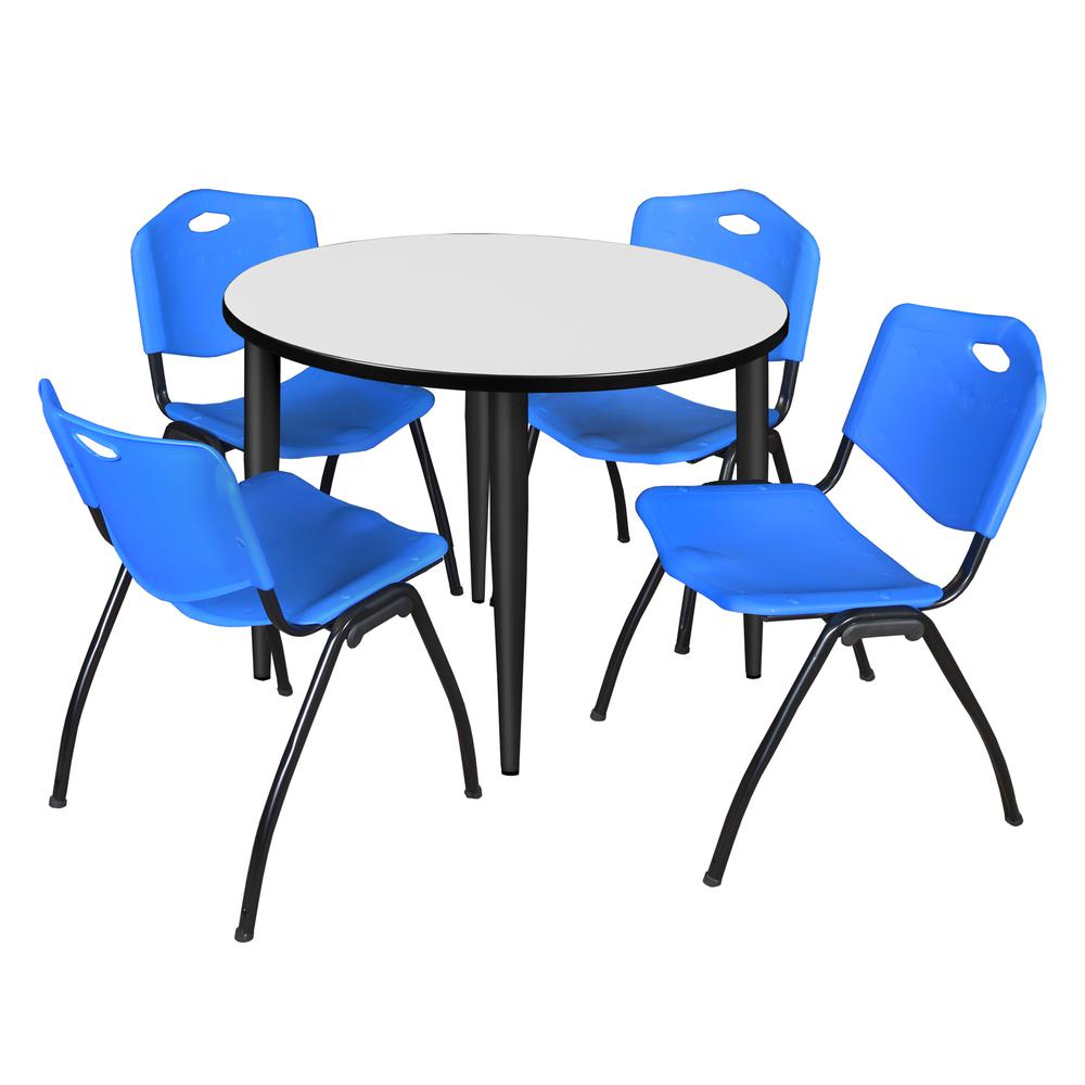 Regency Kahlo 36 in. Round Breakroom Table- White, Black Base & 4 M Stack Chairs- Blue. Picture 1