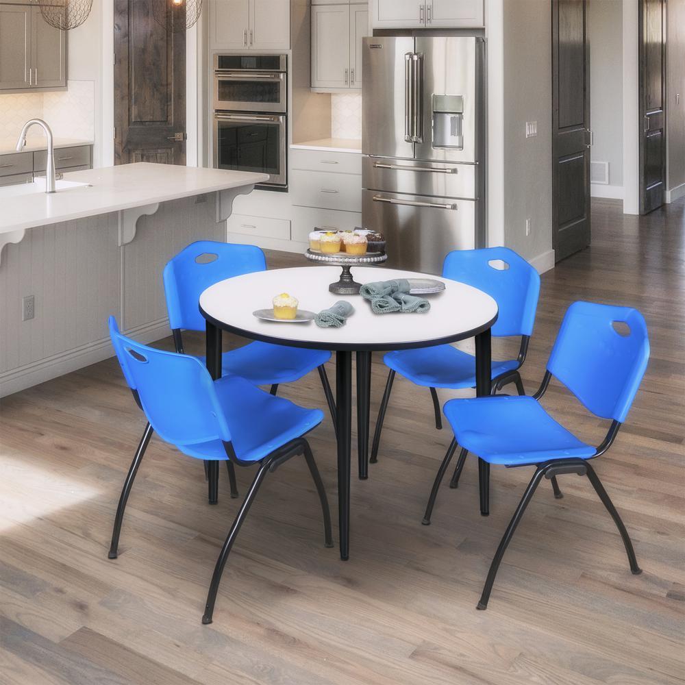 Regency Kahlo 36 in. Round Breakroom Table- White, Black Base & 4 M Stack Chairs- Blue. Picture 7