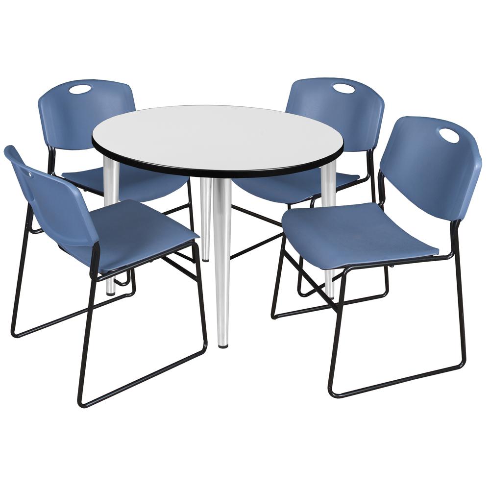 Regency Kahlo 36 in. Round Breakroom Table- White Top, Chrome Base & 4 Zeng Stack Chairs- Blue. Picture 1