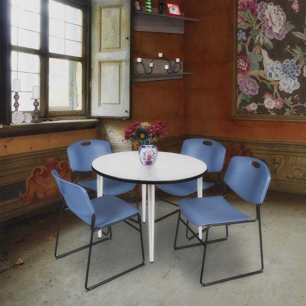 Regency Kahlo 36 in. Round Breakroom Table- White Top, Chrome Base & 4 Zeng Stack Chairs- Blue. Picture 7
