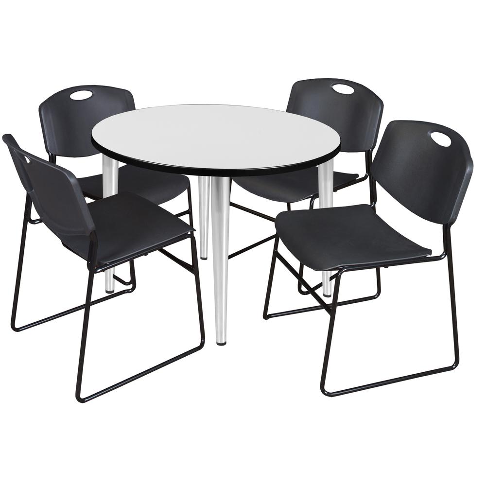 Regency Kahlo 36 in. Round Breakroom Table- White Top, Chrome Base & 4 Zeng Stack Chairs- Black. Picture 1