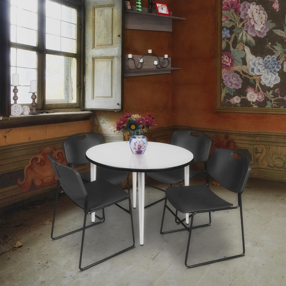 Regency Kahlo 36 in. Round Breakroom Table- White Top, Chrome Base & 4 Zeng Stack Chairs- Black. Picture 7