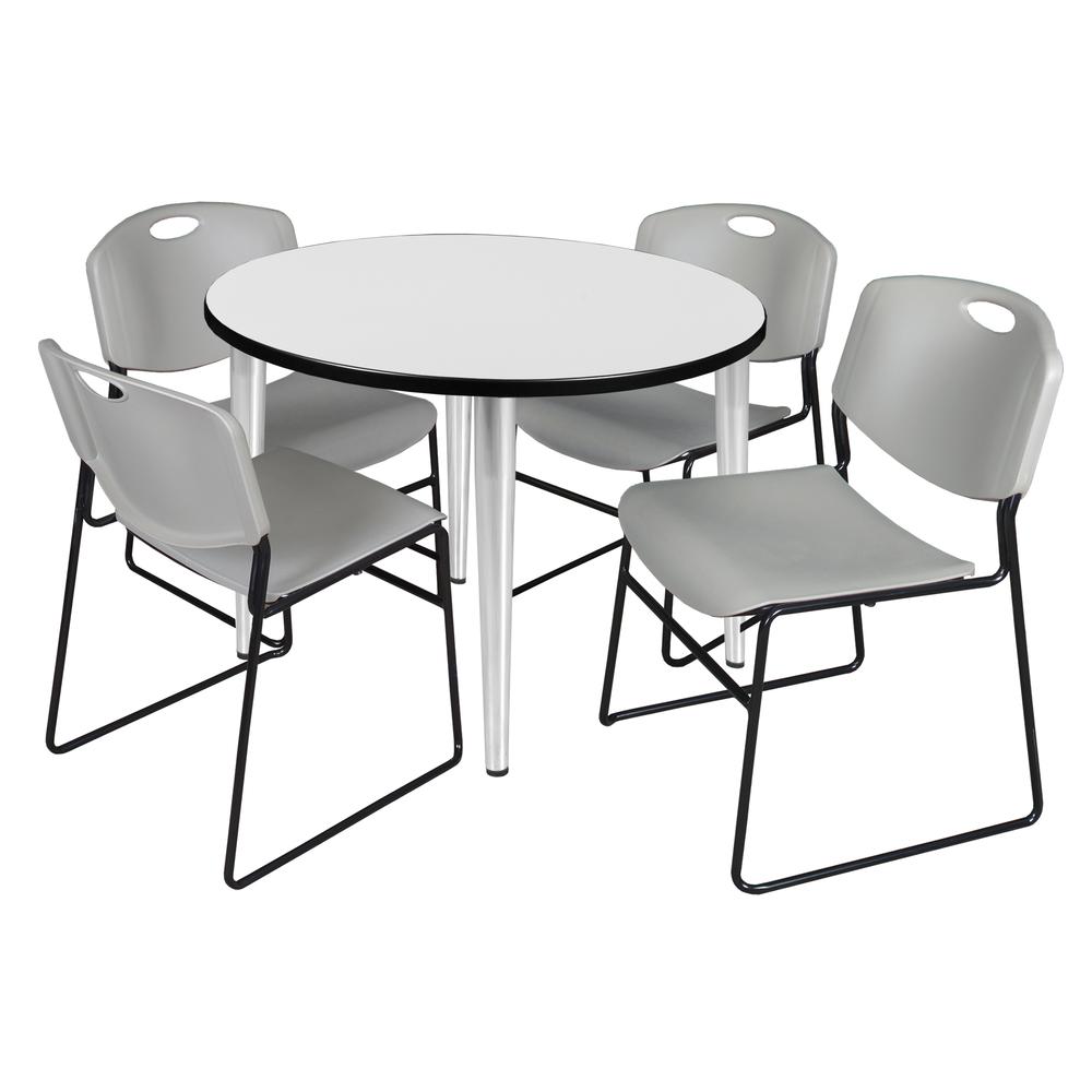Regency Kahlo 36 in. Round Breakroom Table- White Top, Chrome Base & 4 Zeng Stack Chairs- Grey. Picture 1