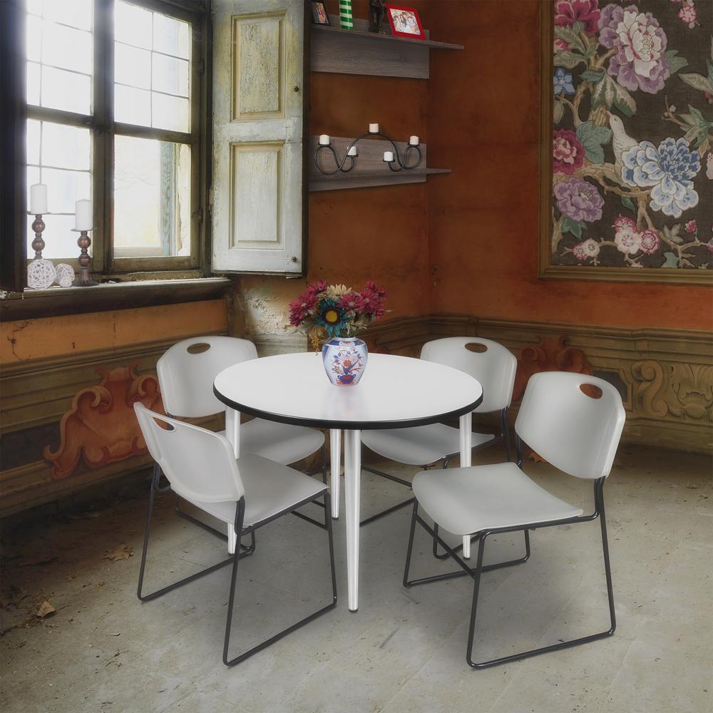 Regency Kahlo 36 in. Round Breakroom Table- White Top, Chrome Base & 4 Zeng Stack Chairs- Grey. Picture 7