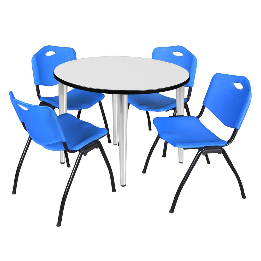 Regency Kahlo 36 in. Round Breakroom Table- White Top, Chrome Base & 4 M Stack Chairs- Blue. Picture 1