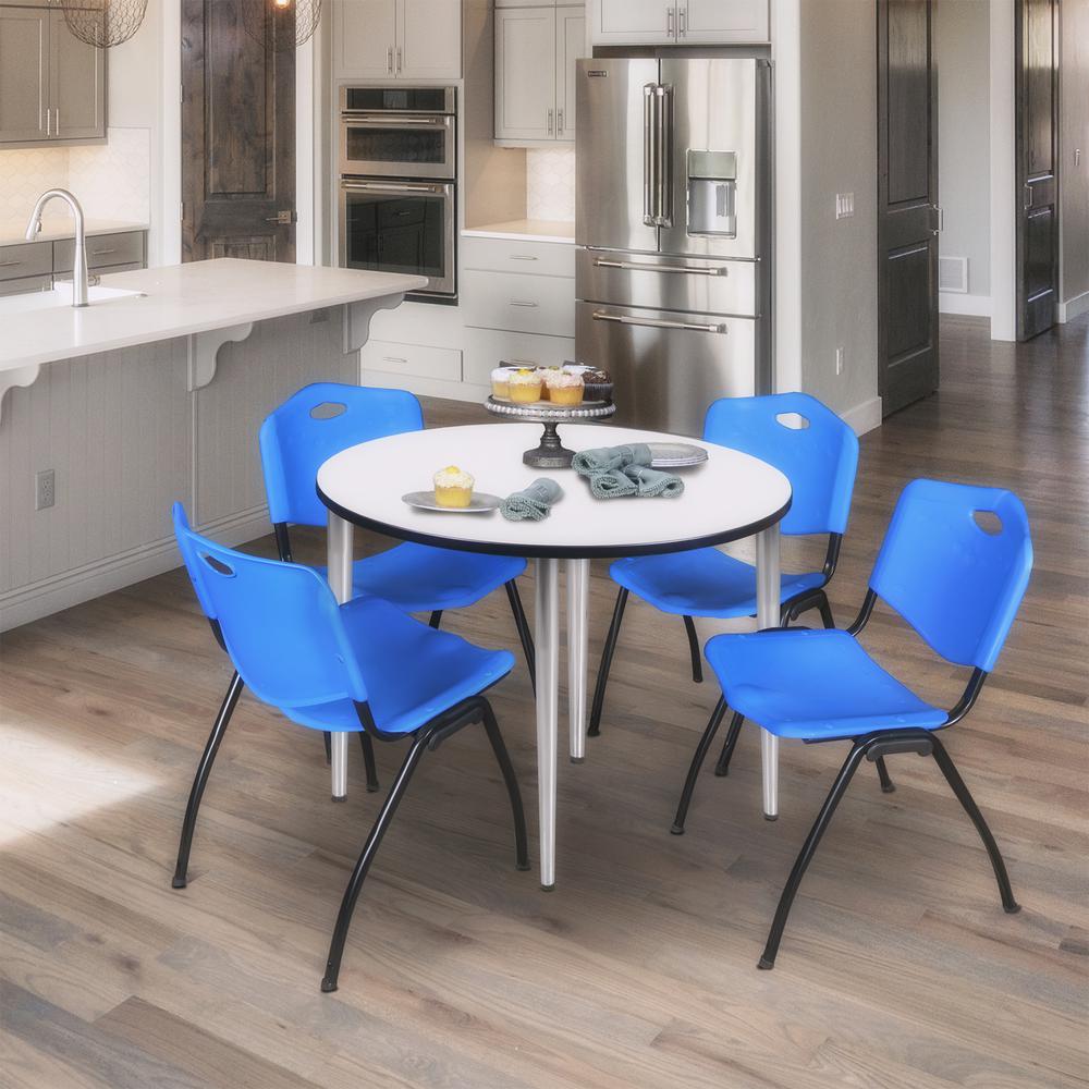 Regency Kahlo 36 in. Round Breakroom Table- White Top, Chrome Base & 4 M Stack Chairs- Blue. Picture 7