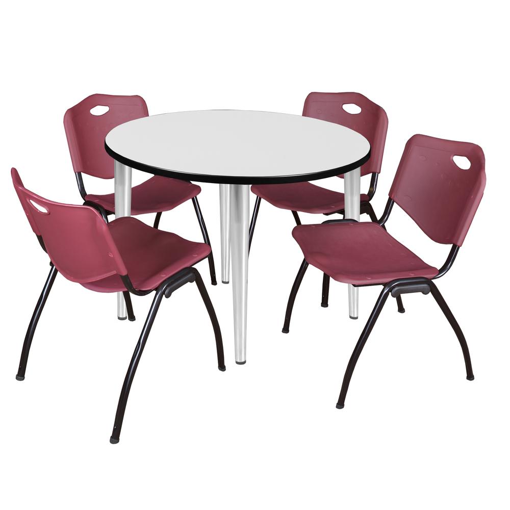 Regency Kahlo 36 in. Round Breakroom Table- White Top, Chrome Base & 4 M Stack Chairs- Burgundy. Picture 1