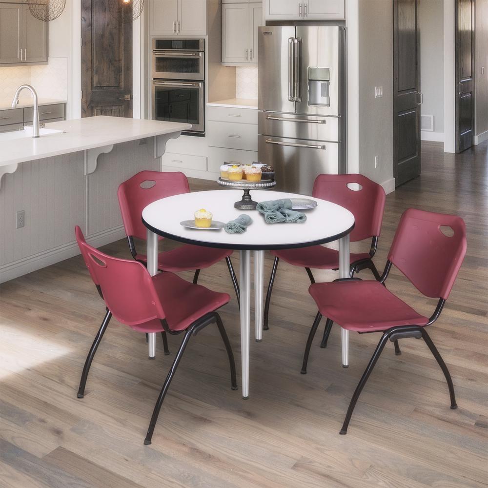 Regency Kahlo 36 in. Round Breakroom Table- White Top, Chrome Base & 4 M Stack Chairs- Burgundy. Picture 7