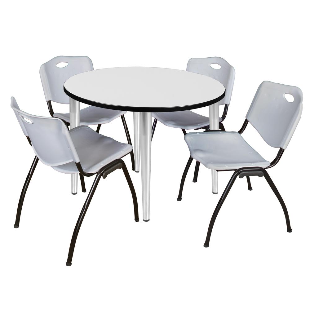 Regency Kahlo 36 in. Round Breakroom Table- White Top, Chrome Base & 4 M Stack Chairs- Grey. Picture 1