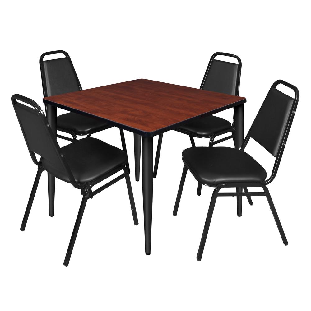 Regency Kahlo 42 in. Square Breakroom Table- Cherry Top, Black Base & 4 Restaurant Stack Chairs- Black. Picture 1