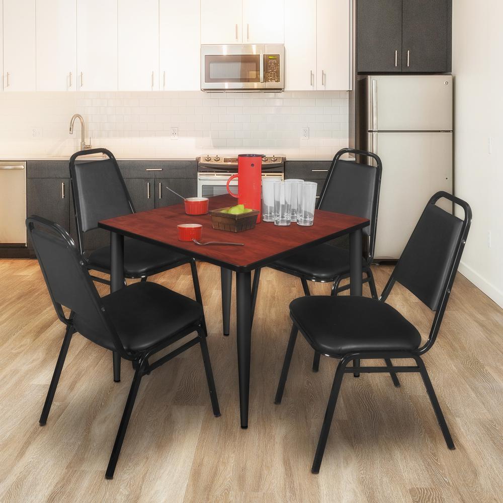 Regency Kahlo 42 in. Square Breakroom Table- Cherry Top, Black Base & 4 Restaurant Stack Chairs- Black. Picture 7