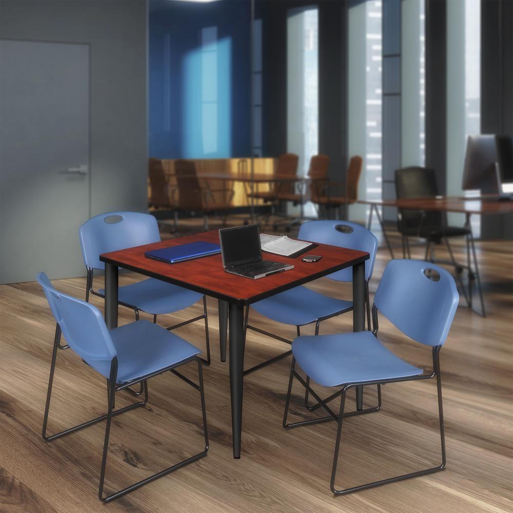 Regency Kahlo 42 in. Square Breakroom Table- Cherry Top, Black Base & 4 Zeng Stack Chairs- Blue. Picture 7