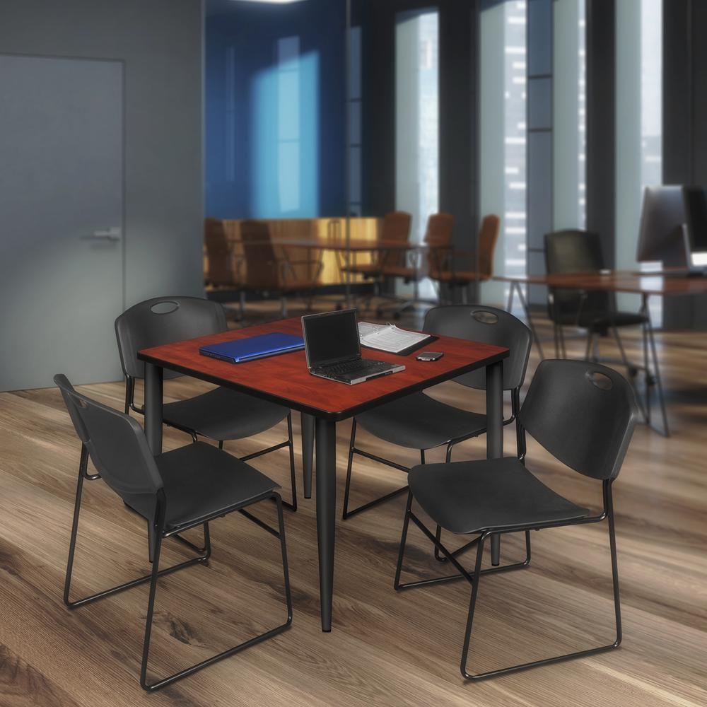 Regency Kahlo 42 in. Square Breakroom Table- Cherry Top, Black Base & 4 Zeng Stack Chairs- Black. Picture 7