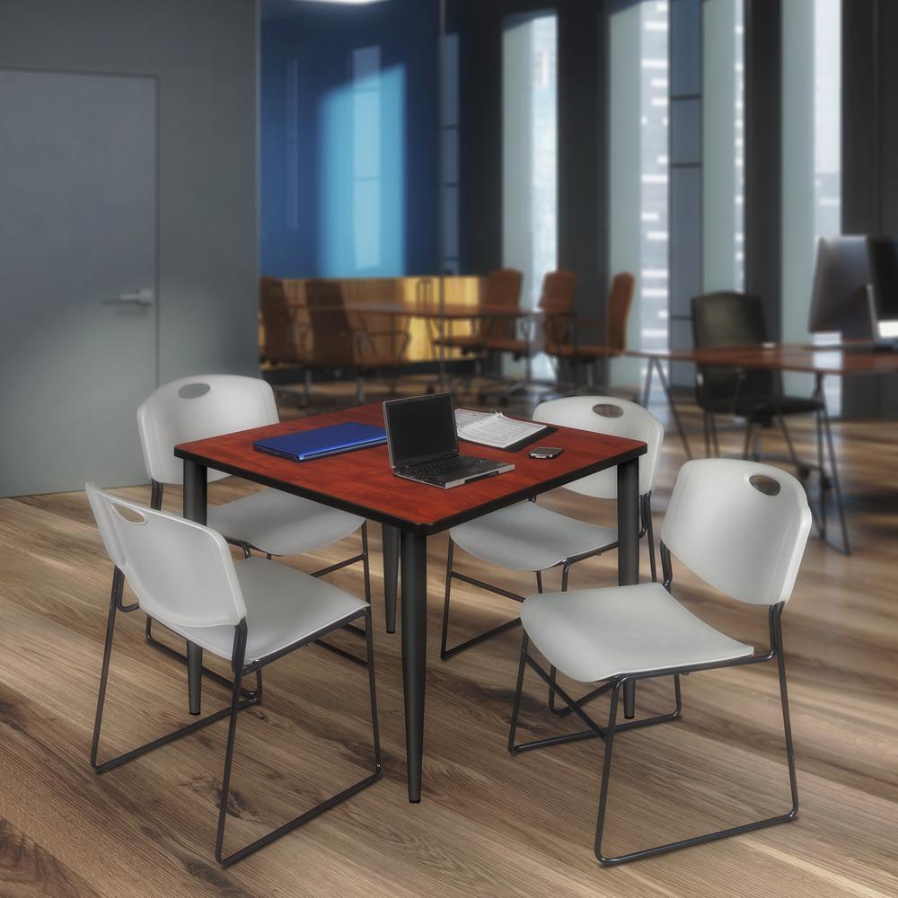 Regency Kahlo 42 in. Square Breakroom Table- Cherry Top, Black Base & 4 Zeng Stack Chairs- Grey. Picture 7