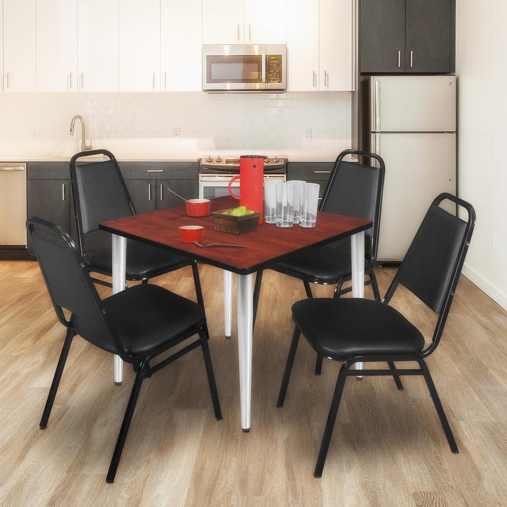 Regency Kahlo 42 in. Square Breakroom Table- Cherry Top, Chrome Base & 4 Restaurant Stack Chairs- Black. Picture 7