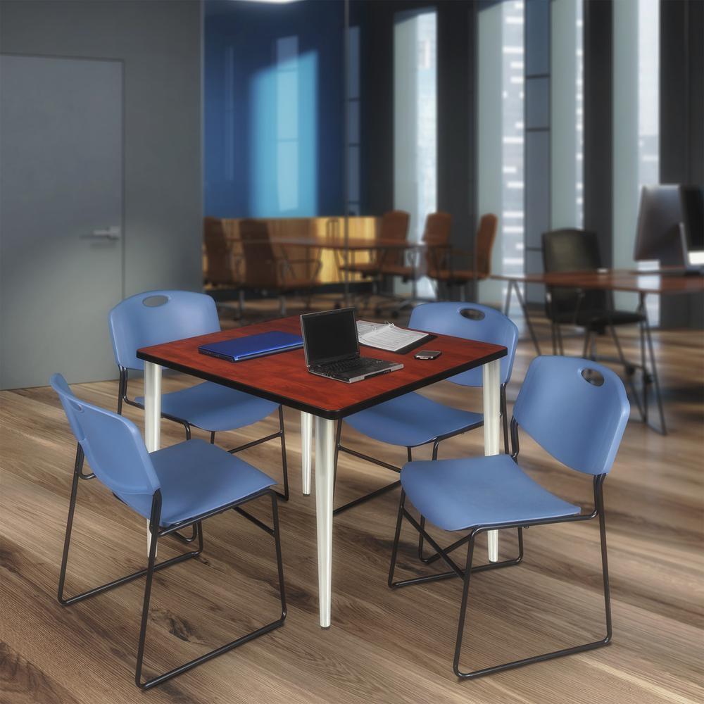 Regency Kahlo 42 in. Square Breakroom Table- Cherry Top, Chrome Base & 4 Zeng Stack Chairs- Blue. Picture 7