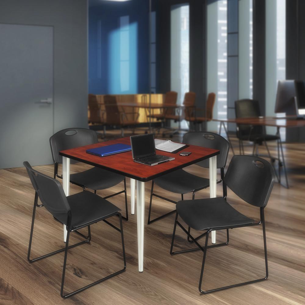 Regency Kahlo 42 in. Square Breakroom Table- Cherry Top, Chrome Base & 4 Zeng Stack Chairs- Black. Picture 7