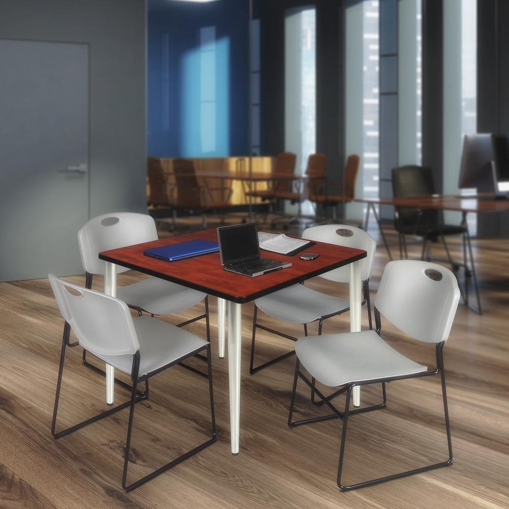 Regency Kahlo 42 in. Square Breakroom Table- Cherry Top, Chrome Base & 4 Zeng Stack Chairs- Grey. Picture 7
