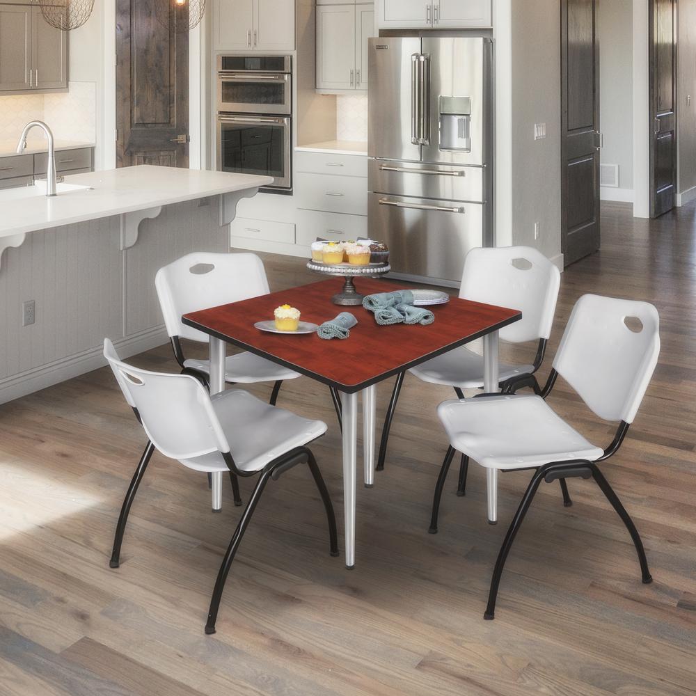 Regency Kahlo 42 in. Square Breakroom Table- Cherry Top, Chrome Base & 4 M Stack Chairs- Grey. Picture 7