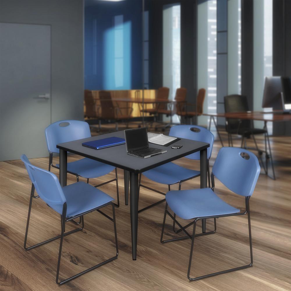 Regency Kahlo 42 in. Square Breakroom Table- Grey Top, Black Base & 4 Zeng Stack Chairs- Blue. Picture 7