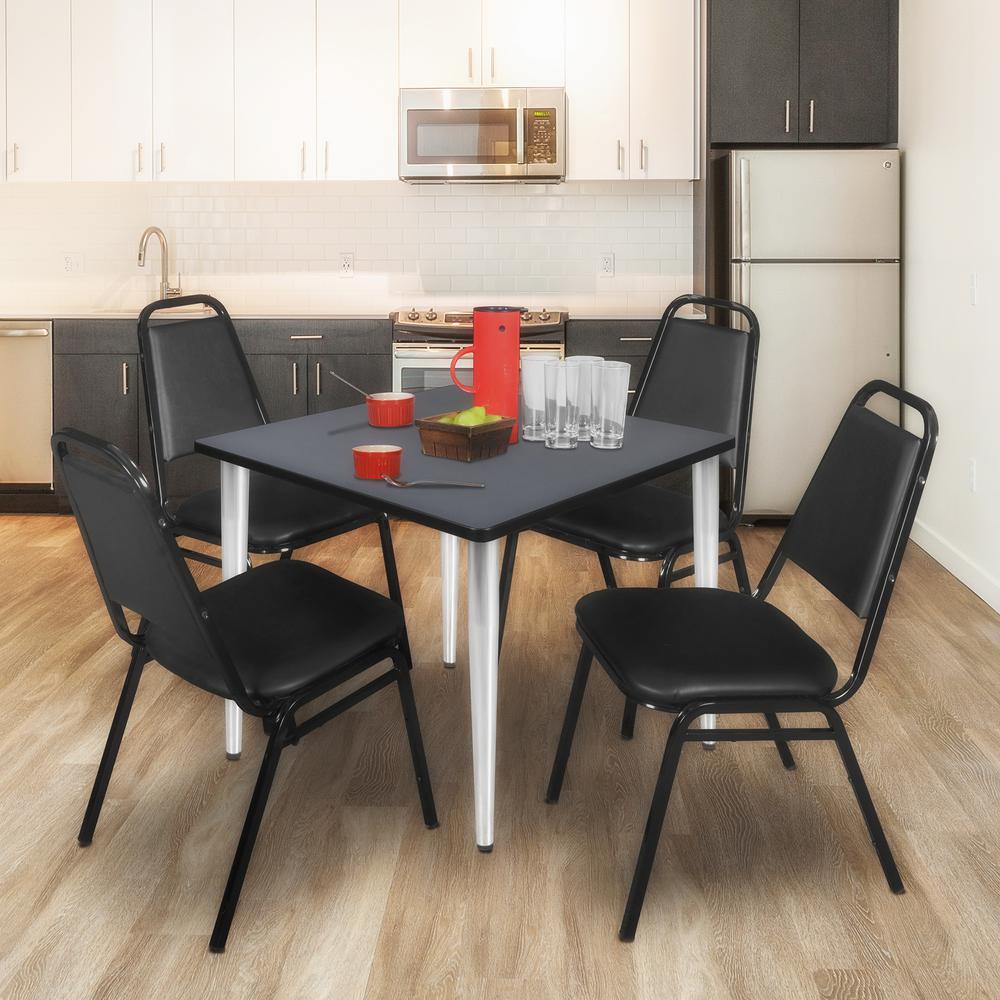 Regency Kahlo 42 in. Square Breakroom Table- Grey Top, Chrome Base & 4 Restaurant Stack Chairs- Black. Picture 7