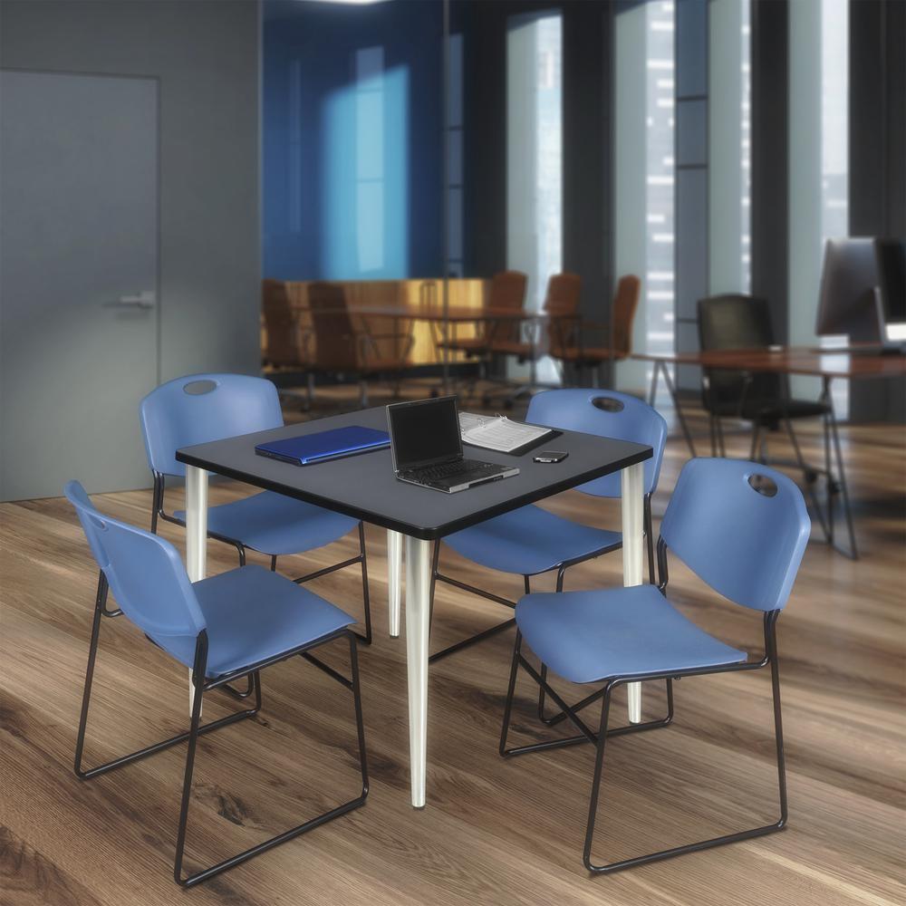 Regency Kahlo 42 in. Square Breakroom Table- Grey Top, Chrome Base & 4 Zeng Stack Chairs- Blue. Picture 7