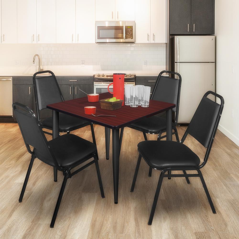 Regency Kahlo 42 in. Square Breakroom Table- Mahogany Top, Black Base & 4 Restaurant Stack Chairs- Black. Picture 7